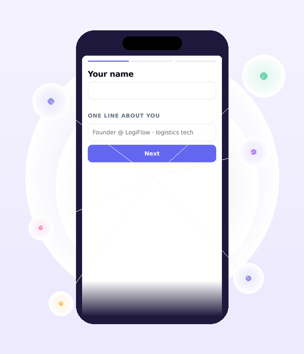 ReNet profile form: name and one-line headline, ready in under two minutes